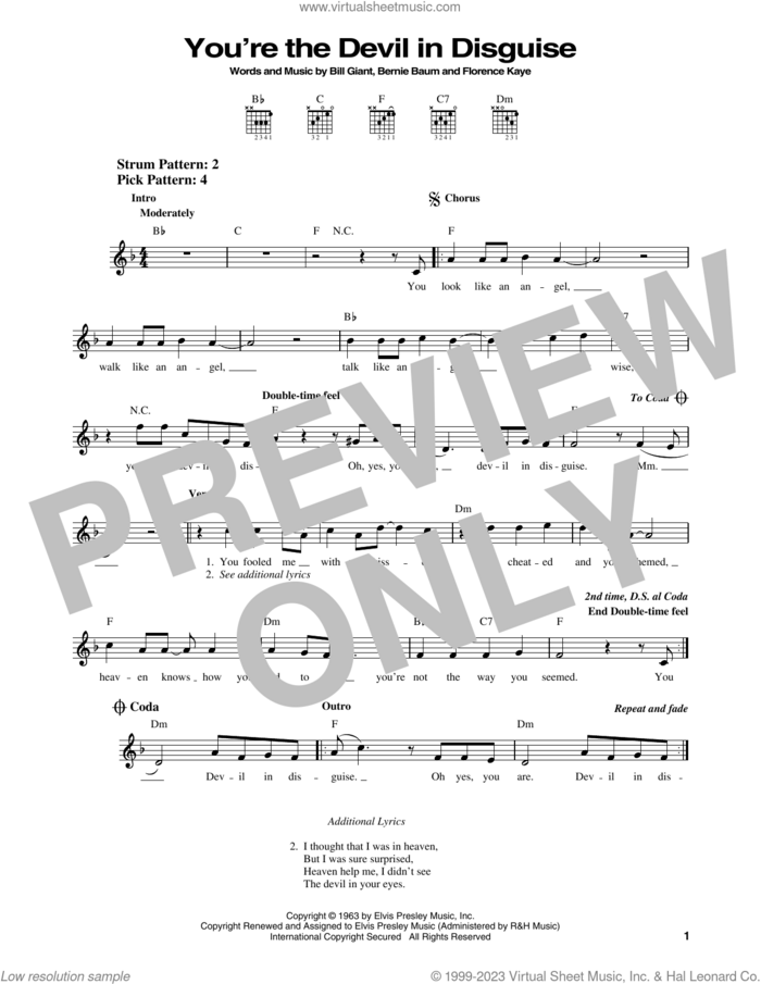 (You're The) Devil In Disguise sheet music for guitar solo (chords) by Elvis Presley, Bernie Baum, Bill Giant and Florence Kaye, easy guitar (chords)