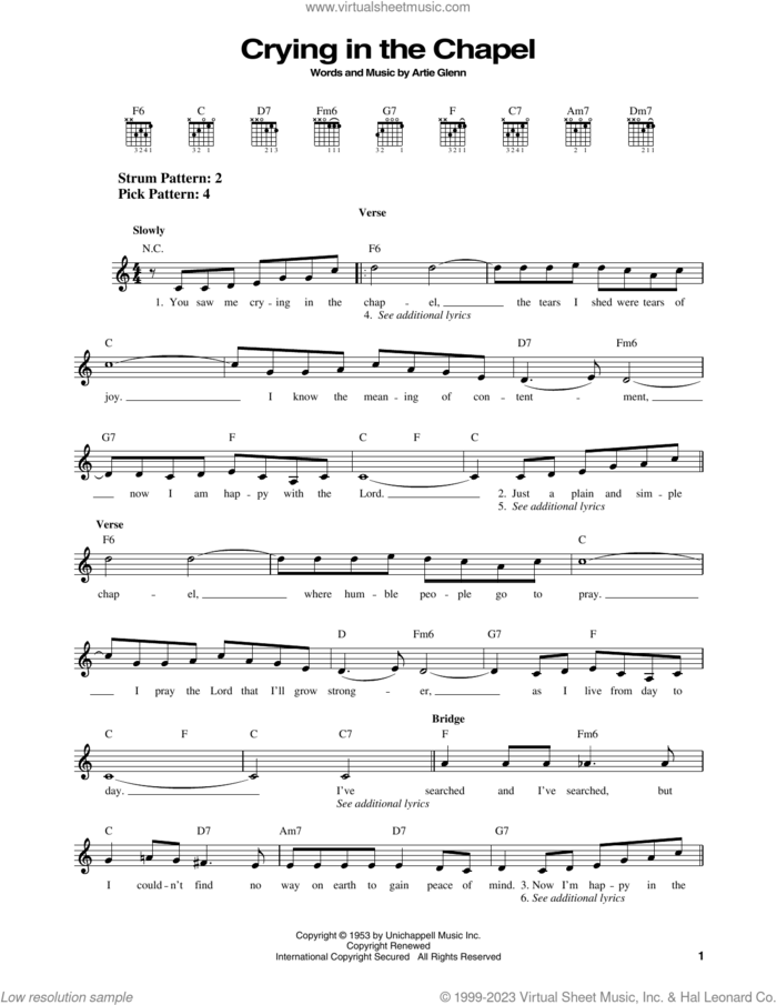 Cryin' In The Chapel sheet music for guitar solo (chords) by Elvis Presley and Artie Glenn, easy guitar (chords)