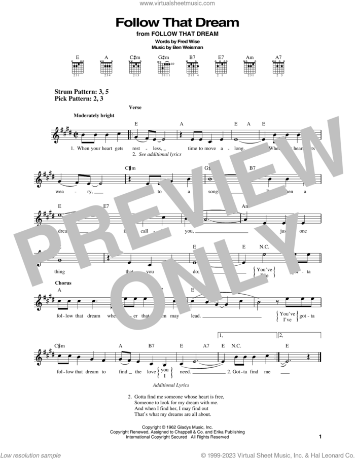 Follow That Dream sheet music for guitar solo (chords) by Elvis Presley, Ben Weisman and Fred Wise, easy guitar (chords)