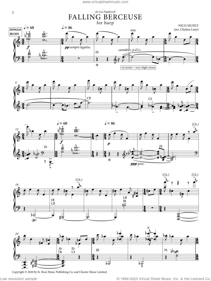 Falling Berceuse And Falling Pairs (Harp version) (arr. Chelsea Lane) sheet music for harp solo by Nico Muly and Chelsea Lane, classical score, intermediate skill level