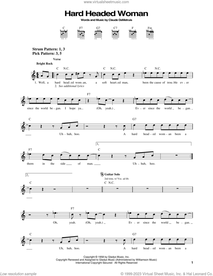 Hard Headed Woman sheet music for guitar solo (chords) by Elvis Presley and Claude DeMetruis, easy guitar (chords)