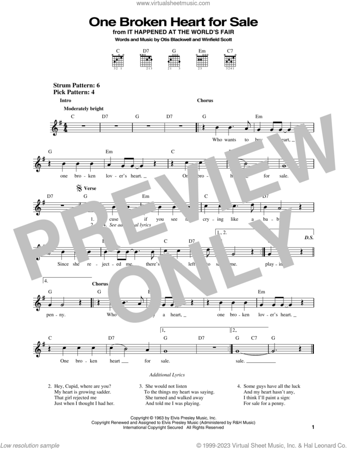 One Broken Heart For Sale sheet music for guitar solo (chords) by Elvis Presley, Otis Blackwell and Winfield Scott, easy guitar (chords)