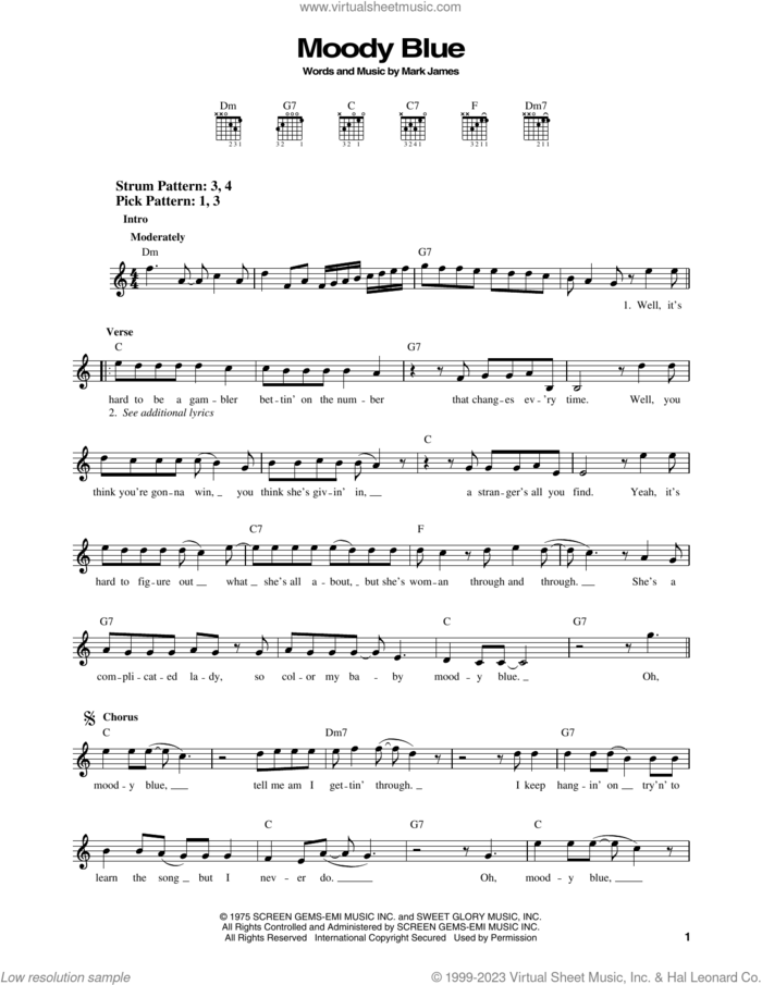 Moody Blue sheet music for guitar solo (chords) by Elvis Presley and Mark James, easy guitar (chords)