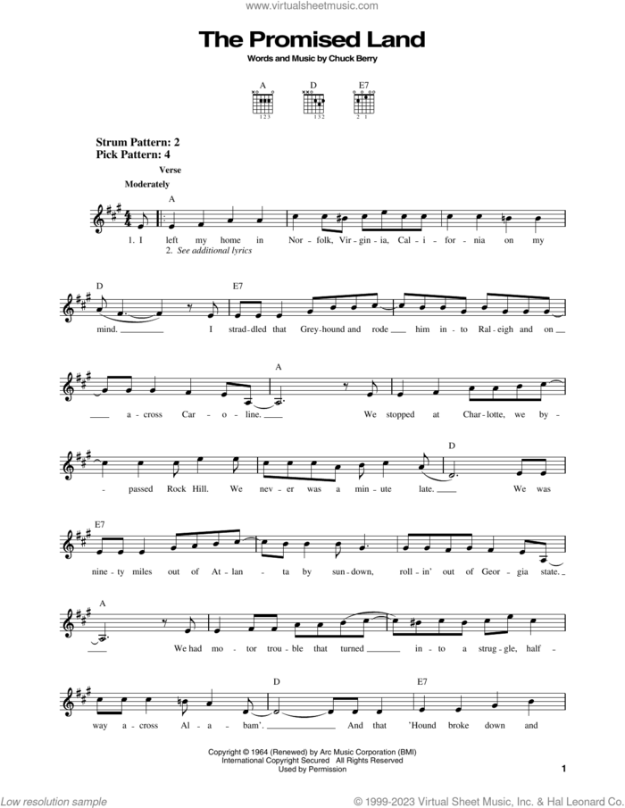 The Promised Land sheet music for guitar solo (chords) by Elvis Presley and Chuck Berry, easy guitar (chords)