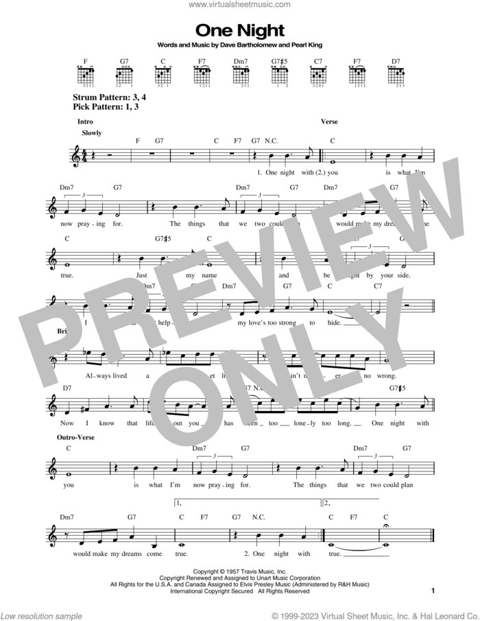One Night sheet music for guitar solo (chords) by Elvis Presley, Dave Bartholomew and Pearl King, easy guitar (chords)