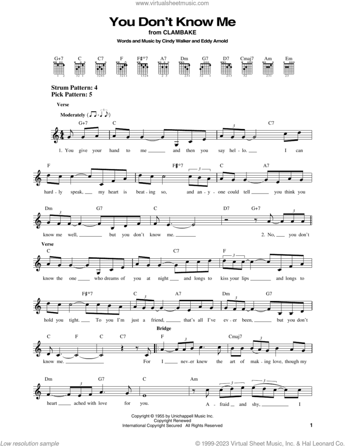 You Don't Know Me sheet music for guitar solo (chords) by Elvis Presley, Mickey Gilley, Ray Charles, Cindy Walker and Eddy Arnold, easy guitar (chords)