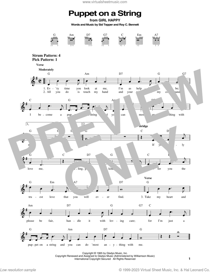 Puppet On A String sheet music for guitar solo (chords) by Elvis Presley, Roy Bennett and Sid Tepper, easy guitar (chords)