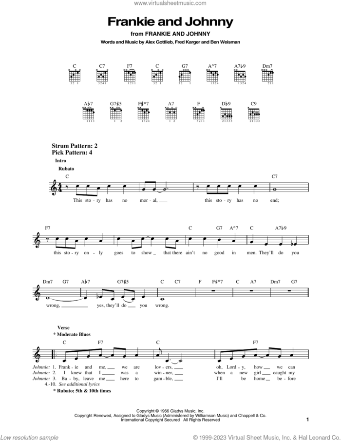 Frankie And Johnny sheet music for guitar solo (chords) by Elvis Presley, Alex Gottlieb, Ben Weisman and Fred Karger, easy guitar (chords)