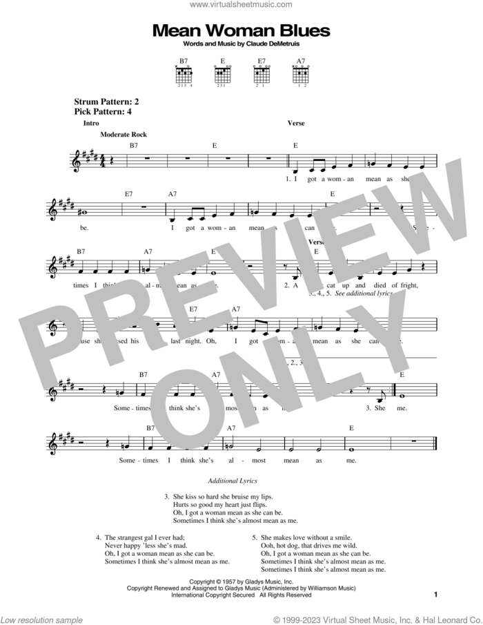 Mean Woman Blues sheet music for guitar solo (chords) by Elvis Presley and Claude DeMetruis, easy guitar (chords)