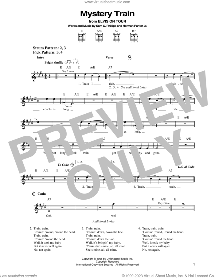 Mystery Train sheet music for guitar solo (chords) by Elvis Presley, Herman Parker Jr and Sam C. Phillips, easy guitar (chords)