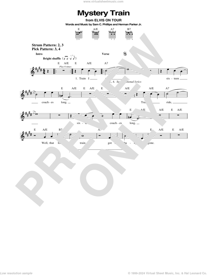 Mystery Train sheet music for guitar solo (chords) by Elvis Presley, Herman Parker Jr and Sam C. Phillips, easy guitar (chords)