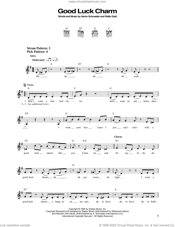 Good Luck Charm sheet music for guitar solo (chords) by Elvis Presley, Aaron Schroeder and Wally Gold, easy guitar (chords)