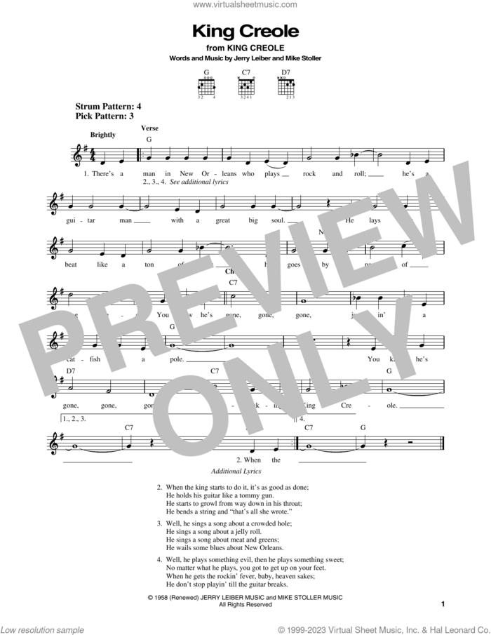 King Creole sheet music for guitar solo (chords) by Elvis Presley, Jerry Leiber and Mike Stoller, easy guitar (chords)