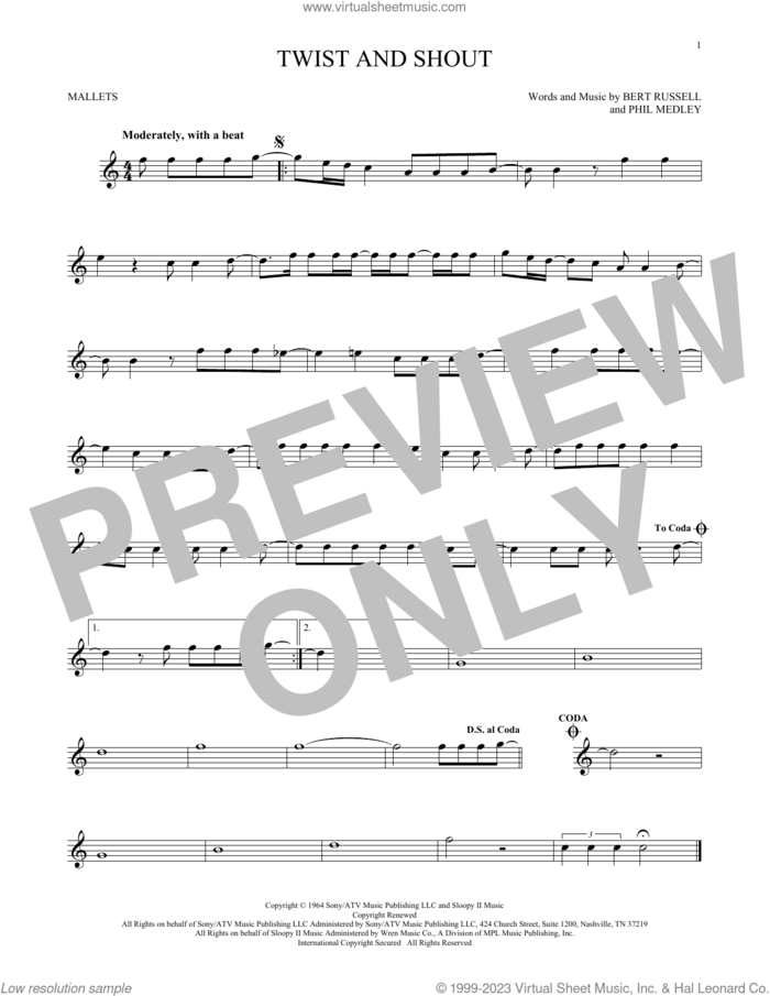 Twist And Shout sheet music for mallet solo (Percussion) by The Beatles, The Isley Brothers, Bert Russell and Phil Medley, intermediate mallet (Percussion)