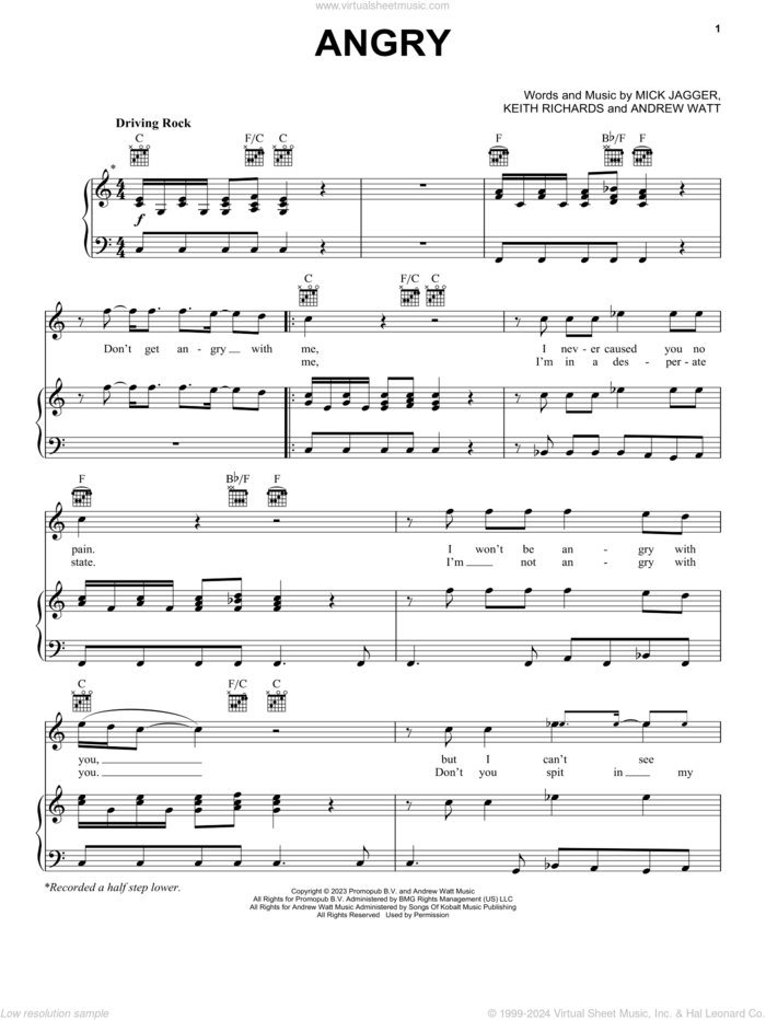 Angry sheet music for voice, piano or guitar by The Rolling Stones, Andrew Watt, Keith Richards and Mick Jagger, intermediate skill level