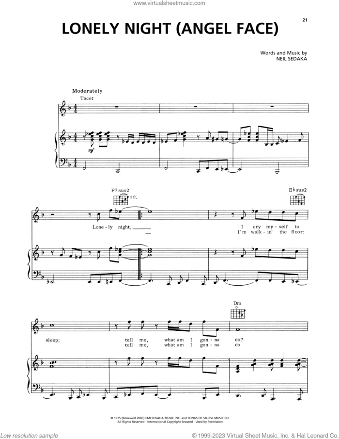 Lonely Night (Angel Face) sheet music for voice, piano or guitar by Captain & Tennille and Neil Sedaka, intermediate skill level