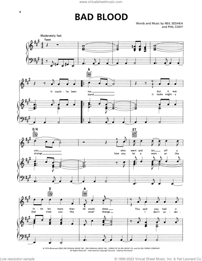 Bad Blood sheet music for voice, piano or guitar by Neil Sedaka and Phil Cody, intermediate skill level