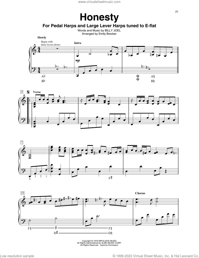 Honesty (arr. Emily Brecker) sheet music for harp solo by Billy Joel and Emily Brecker, intermediate skill level