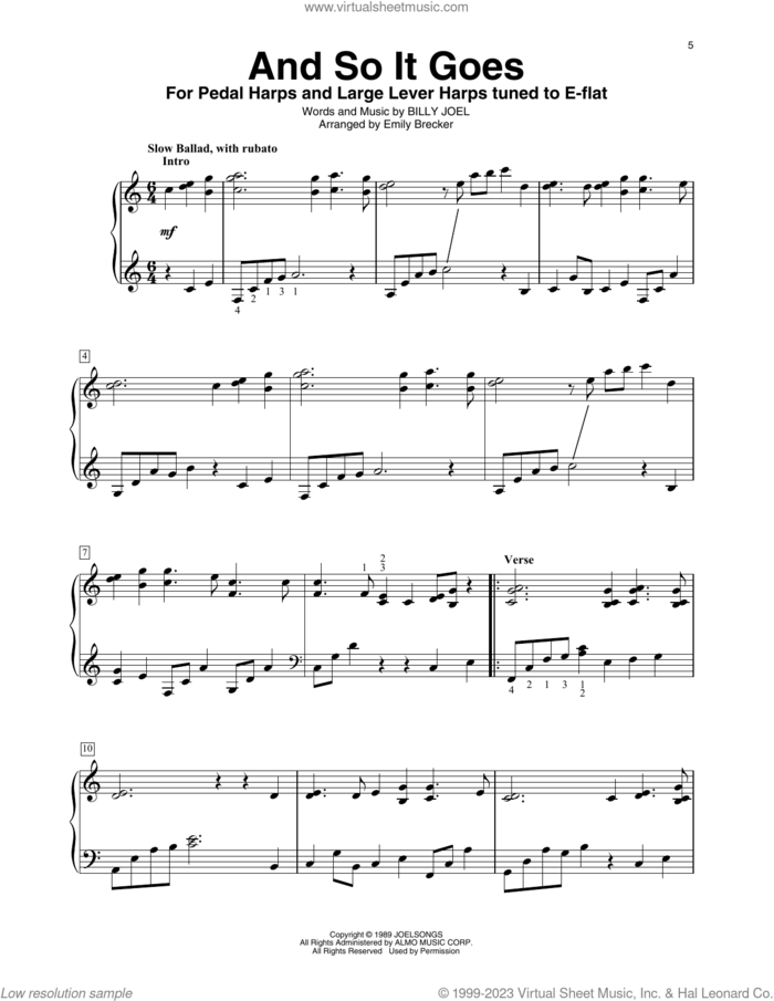 And So It Goes (arr. Emily Brecker) sheet music for harp solo by Billy Joel and Emily Brecker, intermediate skill level