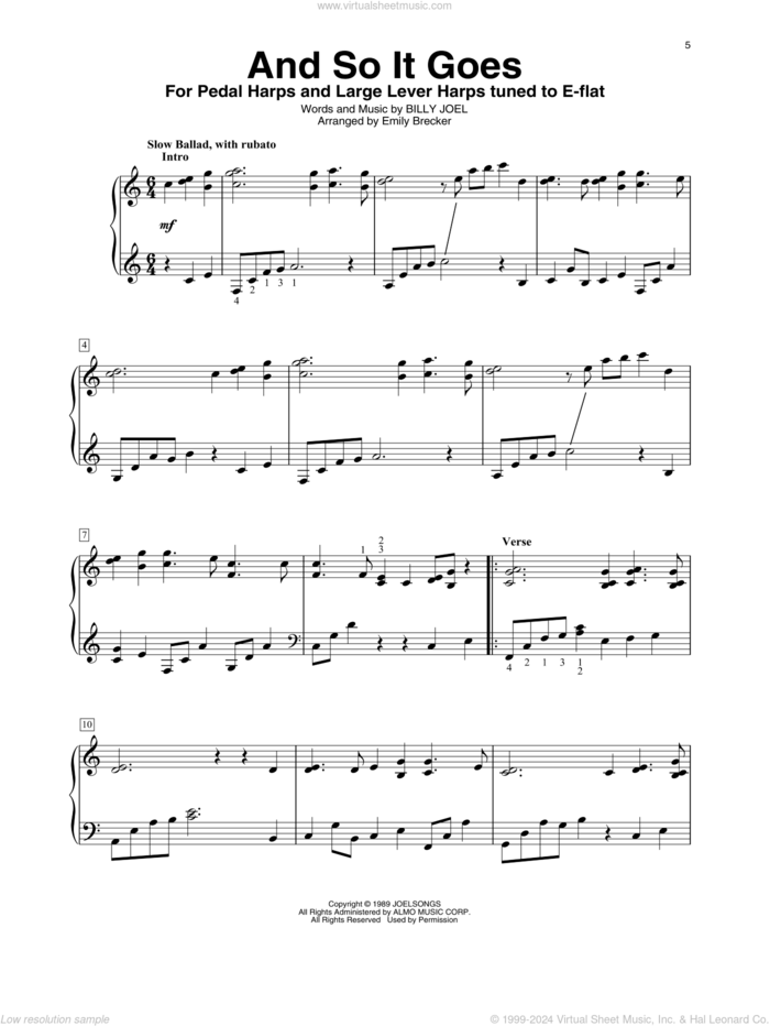 And So It Goes (arr. Emily Brecker) sheet music for harp solo by Billy Joel and Emily Brecker, intermediate skill level