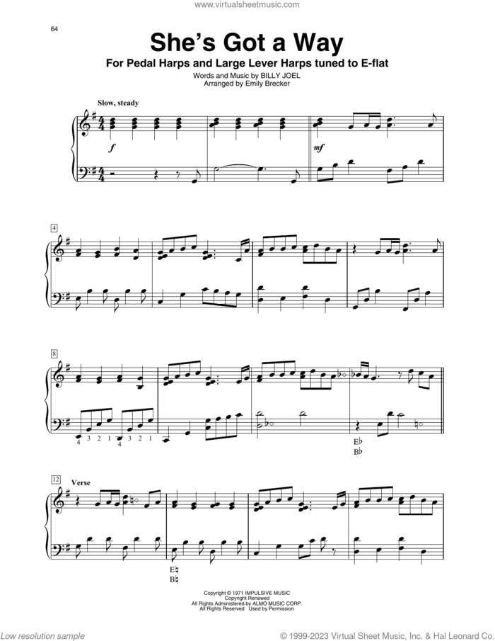 She's Got A Way (arr. Emily Brecker) sheet music for harp solo by Billy Joel and Emily Brecker, intermediate skill level