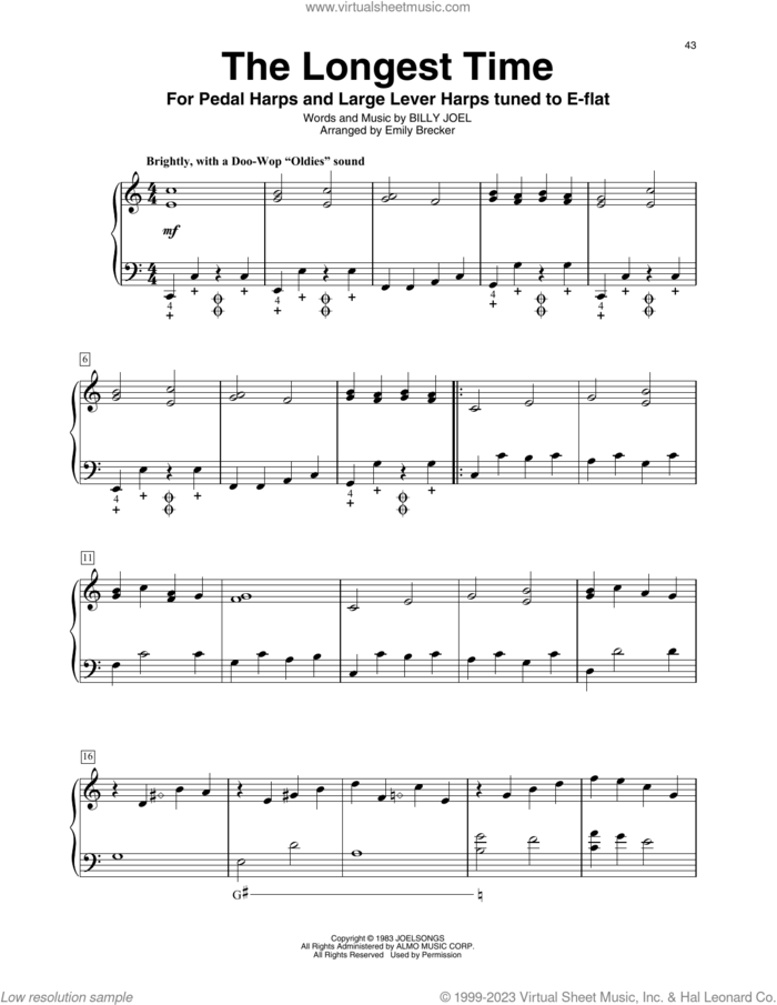 The Longest Time (arr. Emily Brecker) sheet music for harp solo by Billy Joel and Emily Brecker, intermediate skill level