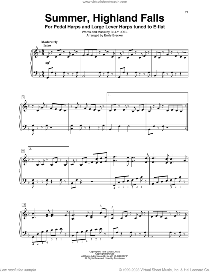 Summer, Highland Falls (arr. Emily Brecker) sheet music for harp solo by Billy Joel and Emily Brecker, intermediate skill level