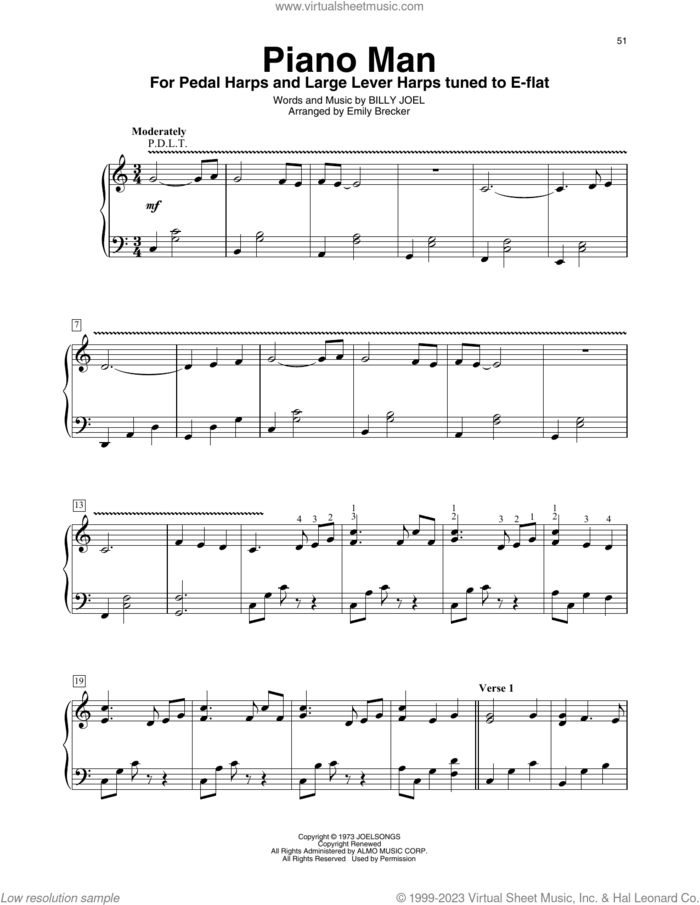 Piano Man (arr. Emily Brecker) sheet music for harp solo by Billy Joel and Emily Brecker, intermediate skill level