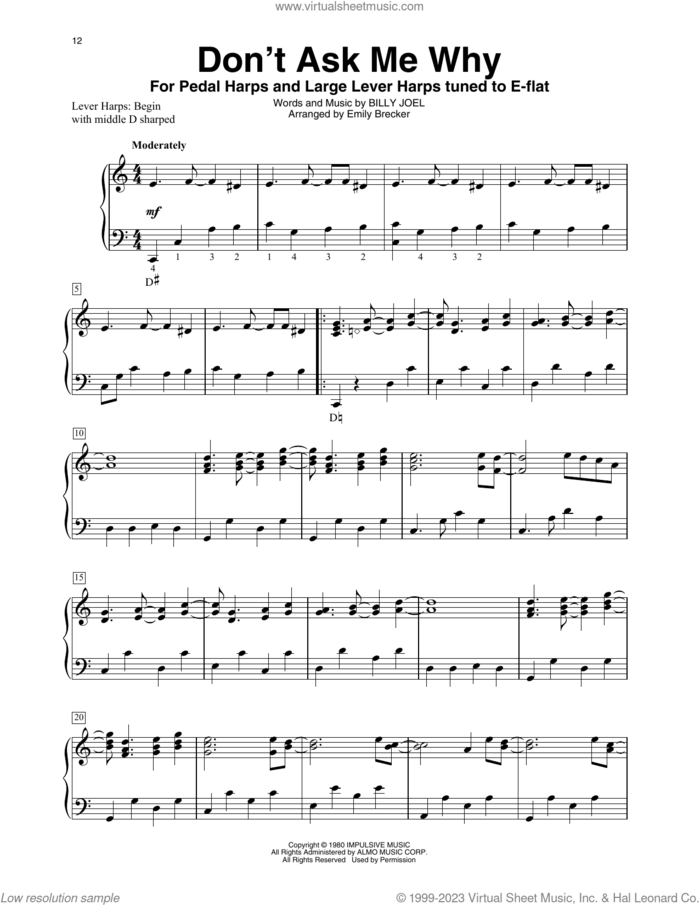 Don't Ask Me Why (arr. Emily Brecker) sheet music for harp solo by Billy Joel and Emily Brecker, intermediate skill level