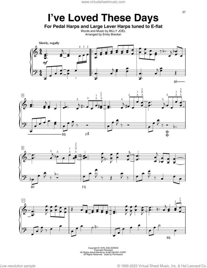 I've Loved These Days (arr. Emily Brecker) sheet music for harp solo by Billy Joel and Emily Brecker, intermediate skill level