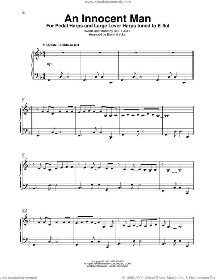 An Innocent Man (arr. Emily Brecker) sheet music for harp solo by Billy Joel and Emily Brecker, intermediate skill level