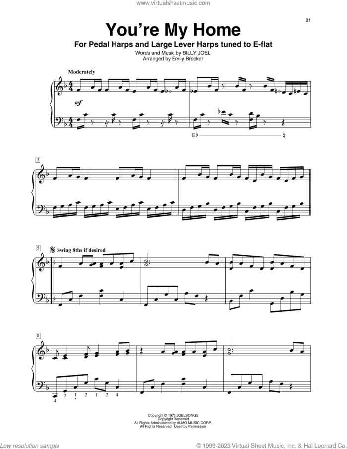 You're My Home (arr. Emily Brecker) sheet music for harp solo by Billy Joel and Emily Brecker, intermediate skill level