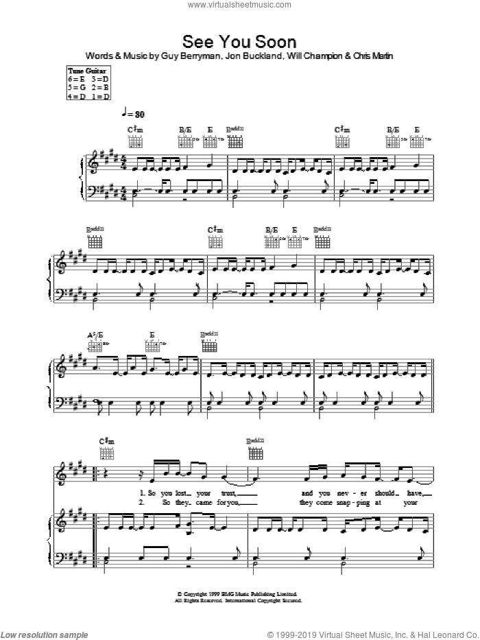 See You Soon sheet music for voice, piano or guitar by Coldplay, intermediate skill level