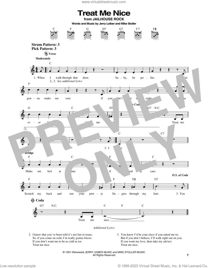 Treat Me Nice sheet music for guitar solo (chords) by Elvis Presley, Jerry Leiber and Mike Stoller, easy guitar (chords)