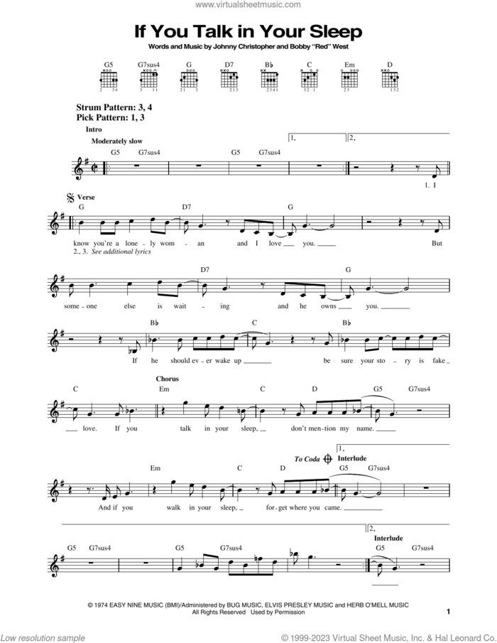 If You Talk In Your Sleep sheet music for guitar solo (chords) by Elvis Presley, Bobby 'Red' West and Johnny Christopher, easy guitar (chords)