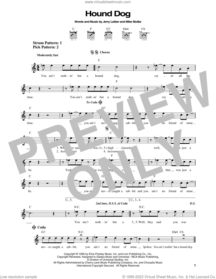 Hound Dog sheet music for guitar solo (chords) by Elvis Presley, Jerry Leiber and Mike Stoller, easy guitar (chords)