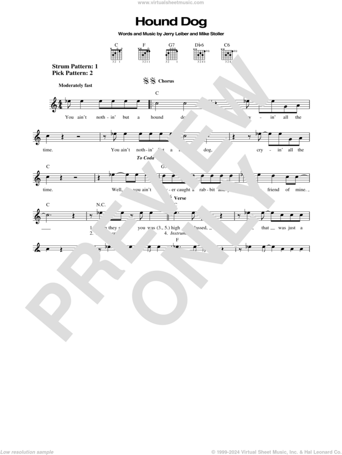 Hound Dog sheet music for guitar solo (chords) by Elvis Presley, Jerry Leiber and Mike Stoller, easy guitar (chords)