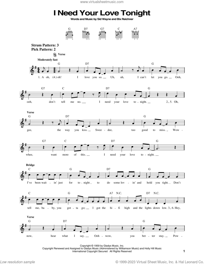 I Need Your Love Tonight sheet music for guitar solo (chords) by Elvis Presley, Bix Reichner and Sid Wayne, easy guitar (chords)