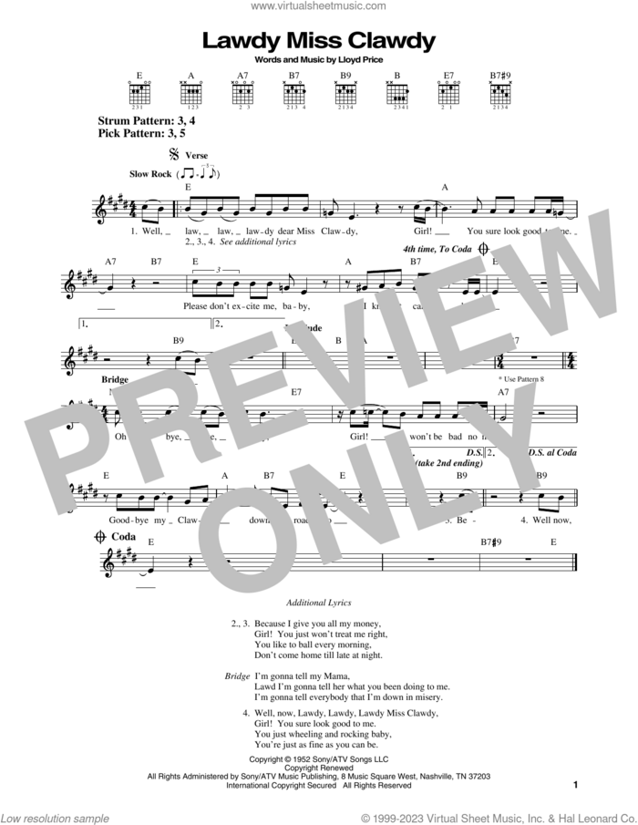 Lawdy Miss Clawdy sheet music for guitar solo (chords) by Elvis Presley and Lloyd Price, easy guitar (chords)