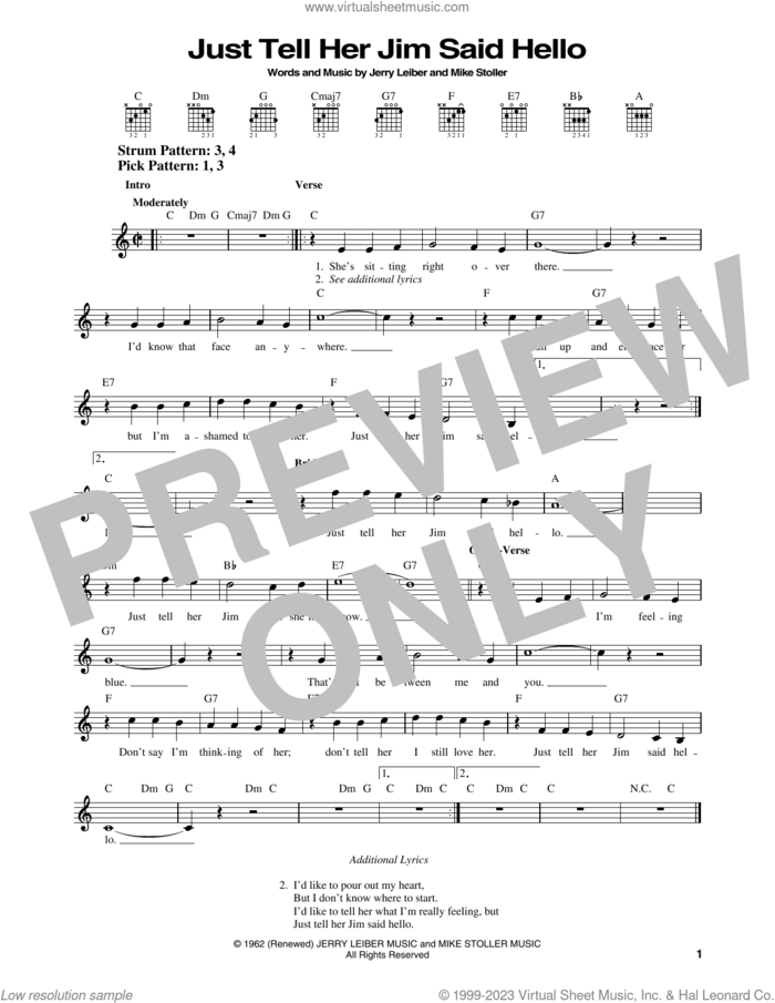 Just Tell Her Jim Said Hello sheet music for guitar solo (chords) by Elvis Presley, Jerry Leiber and Mike Stoller, easy guitar (chords)
