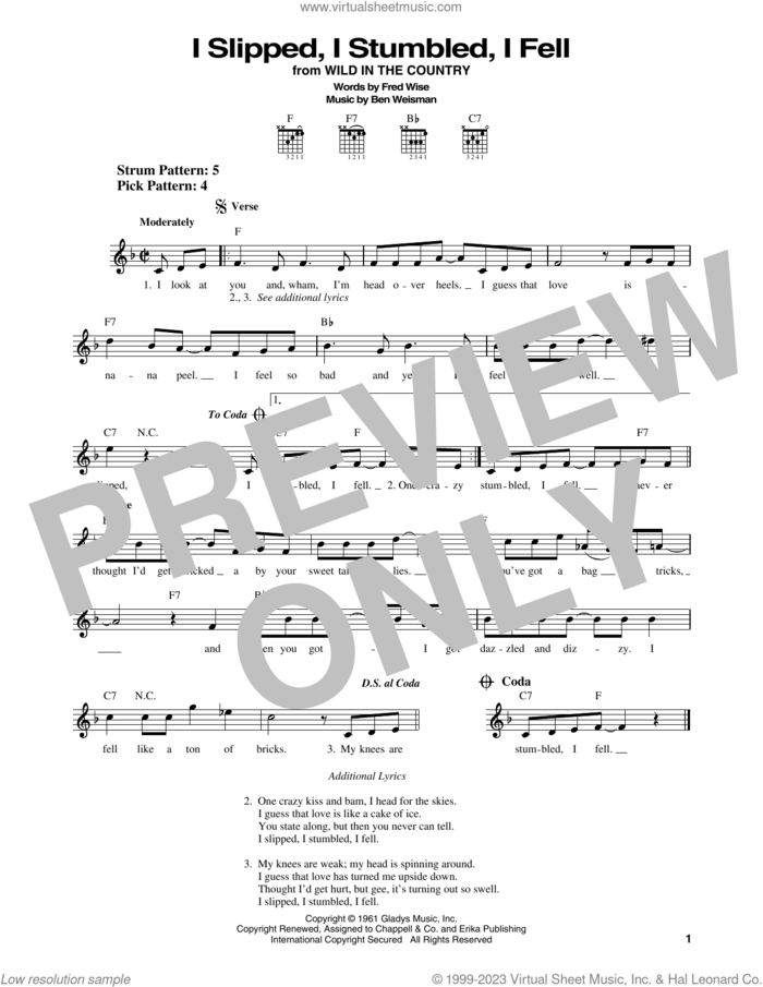 I Slipped, I Stumbled, I Fell sheet music for guitar solo (chords) by Elvis Presley, Ben Weisman and Fred Wise, easy guitar (chords)