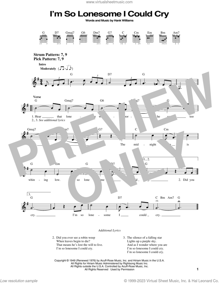 I'm So Lonesome I Could Cry sheet music for guitar solo (chords) by Elvis Presley, B.J. Thomas and Hank Williams, Sr. and Hank Williams, easy guitar (chords)