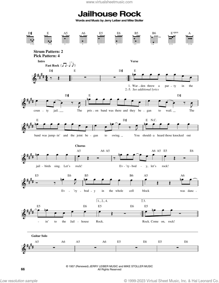 Jailhouse Rock sheet music for guitar solo (chords) by Elvis Presley, Jerry Leiber and Mike Stoller, easy guitar (chords)