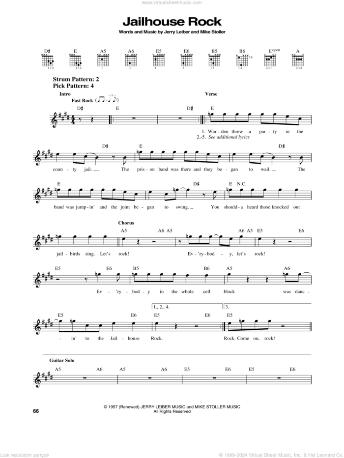 Jailhouse Rock sheet music for guitar solo (chords) by Elvis Presley, Jerry Leiber and Mike Stoller, easy guitar (chords)