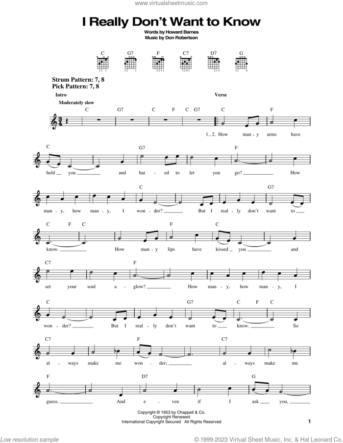 I Really Don't Want To Know sheet music for guitar solo (chords) by Elvis Presley, Don Robertson and Howard Barnes, easy guitar (chords)