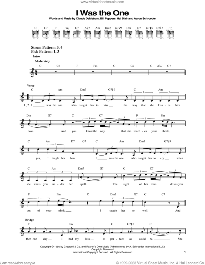 I Was The One sheet music for guitar solo (chords) by Elvis Presley, Aaron Schroeder, Bill Peppers, Claude DeMetruis and Hal Blair, easy guitar (chords)