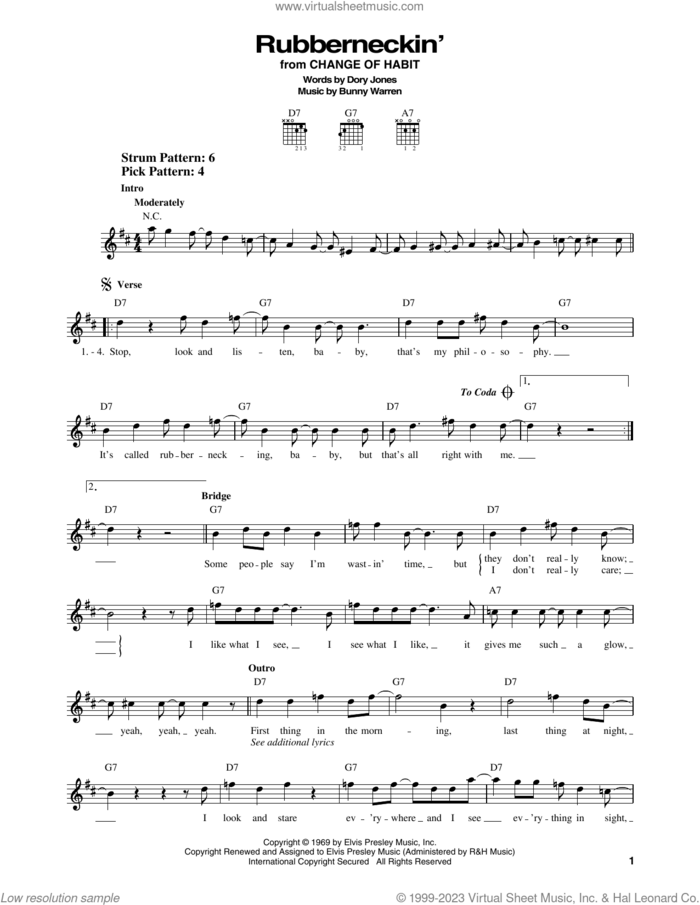 Rubberneckin' sheet music for guitar solo (chords) by Elvis Presley, Bunny Warren and Dory Jones, easy guitar (chords)