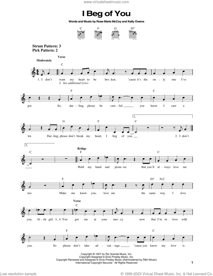 I Beg Of You sheet music for guitar solo (chords) by Elvis Presley, Kelly Owens and Rose Marie McCoy, easy guitar (chords)