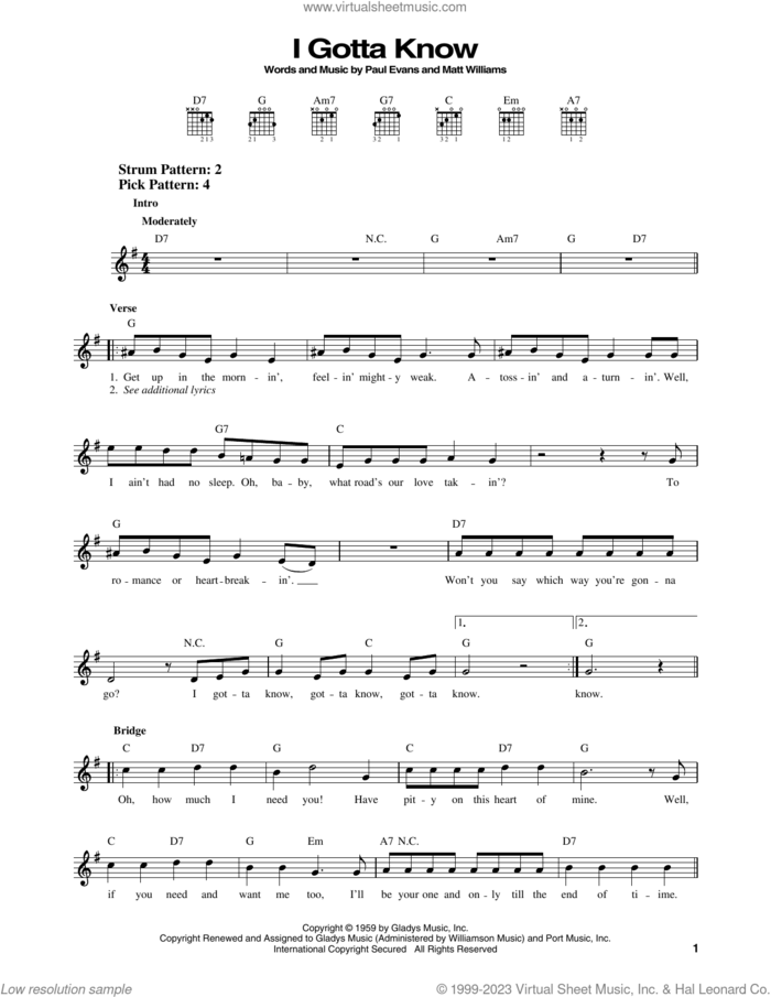 I Gotta Know sheet music for guitar solo (chords) by Elvis Presley, Matt Williams and Paul Evans, easy guitar (chords)
