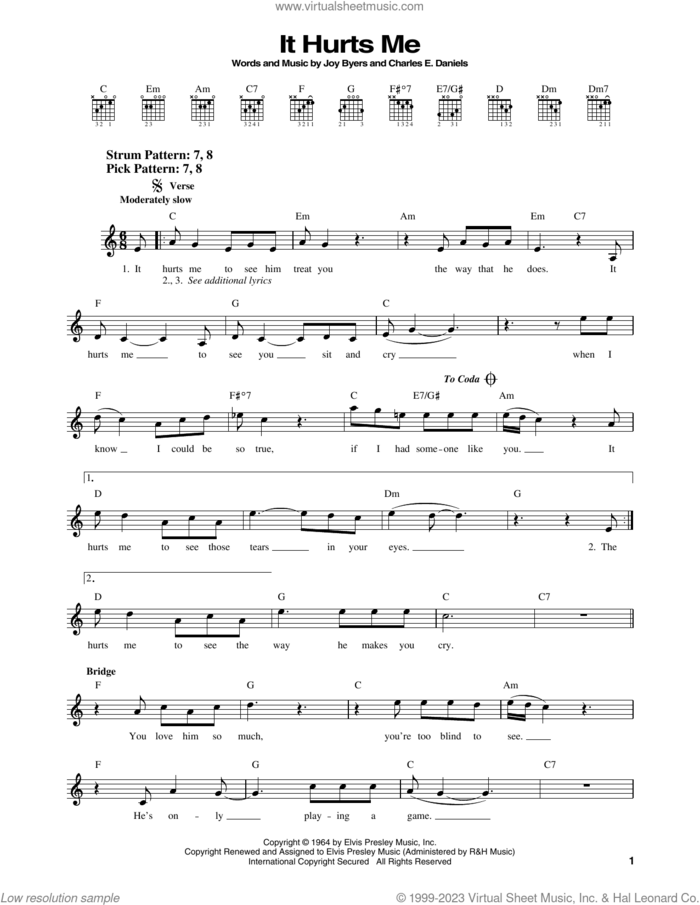 It Hurts Me sheet music for guitar solo (chords) by Elvis Presley, Charles E. Daniels and Joy Byers, easy guitar (chords)